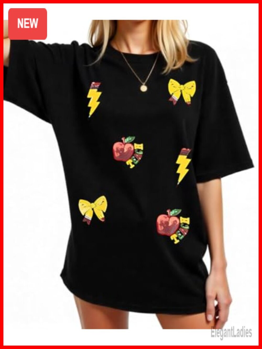 Teacher Graphic T-Shirt Oversized Bow Print Short Sleeve Crew Neck